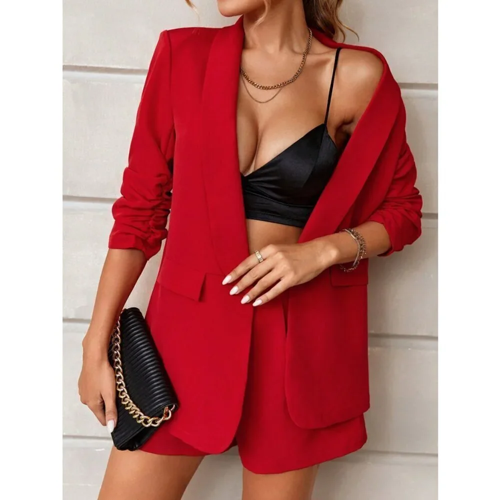 red classy Shawl Collar Ruched Sleeve Blazer & Shorts